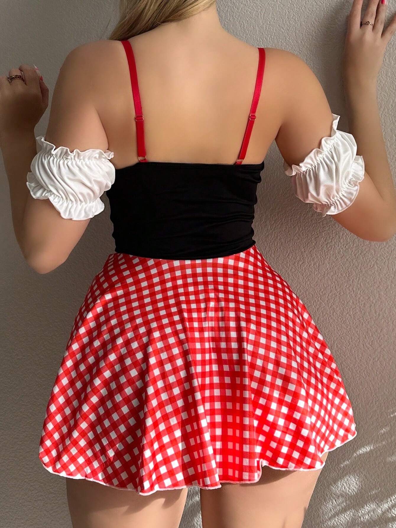 Women's Color-Contrasting Plaid Pattern Splicing Underwire Sexy Lingerie Dress + G-String + 2 Wristbands 4pcs Set