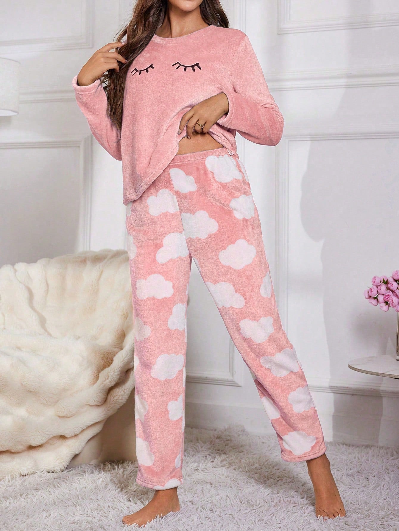 Eyelash Embroidery Flannel Long Sleeve Pajama Set