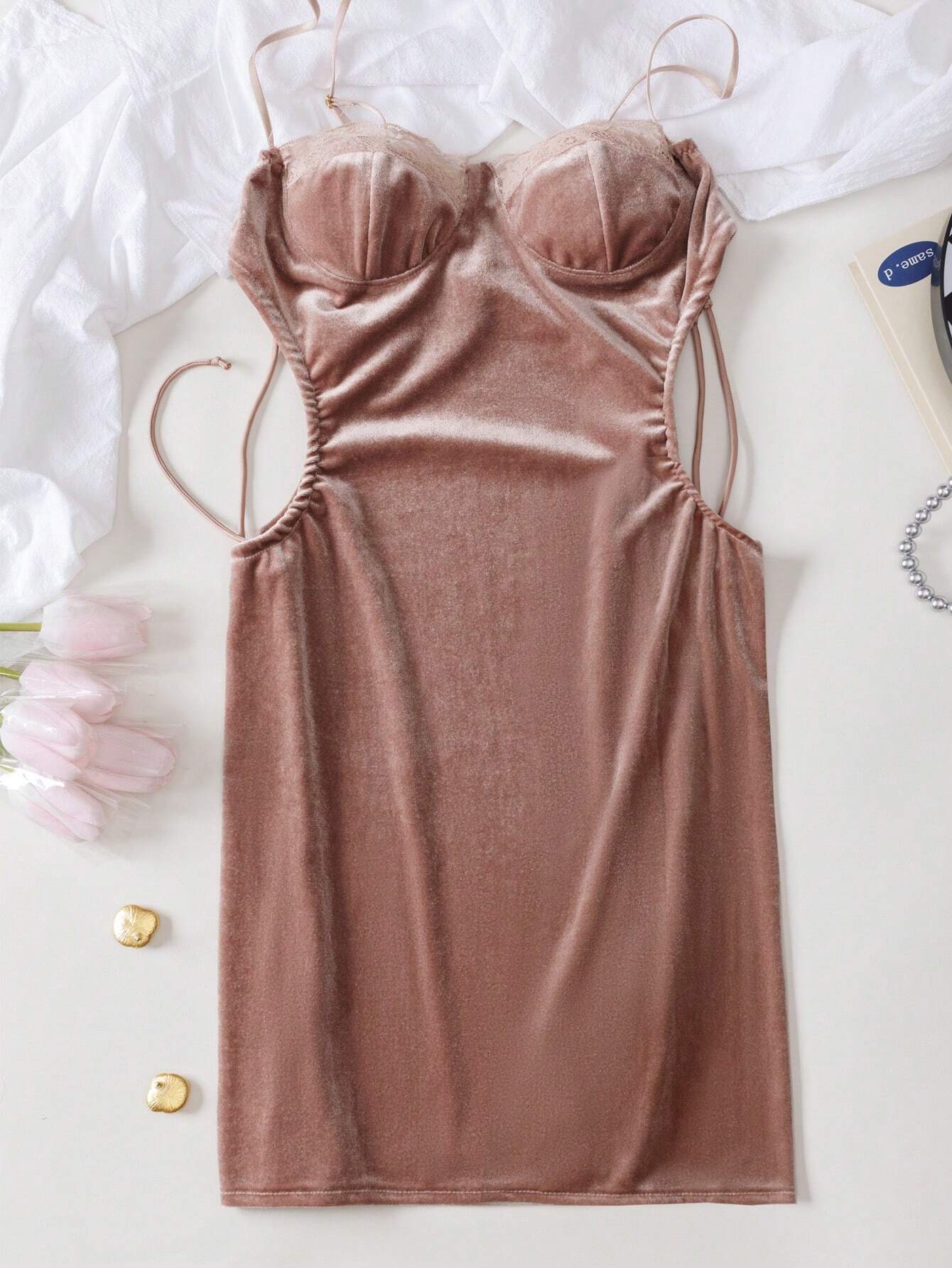 Elastic Velvet Lingerie Dress With Hollow Out Sides