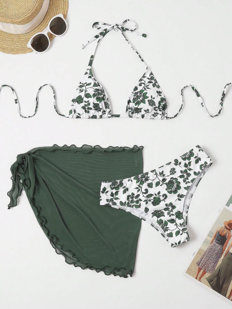 Floral Print Halter Triangle Bikini Swimsuit With Beach Skirt