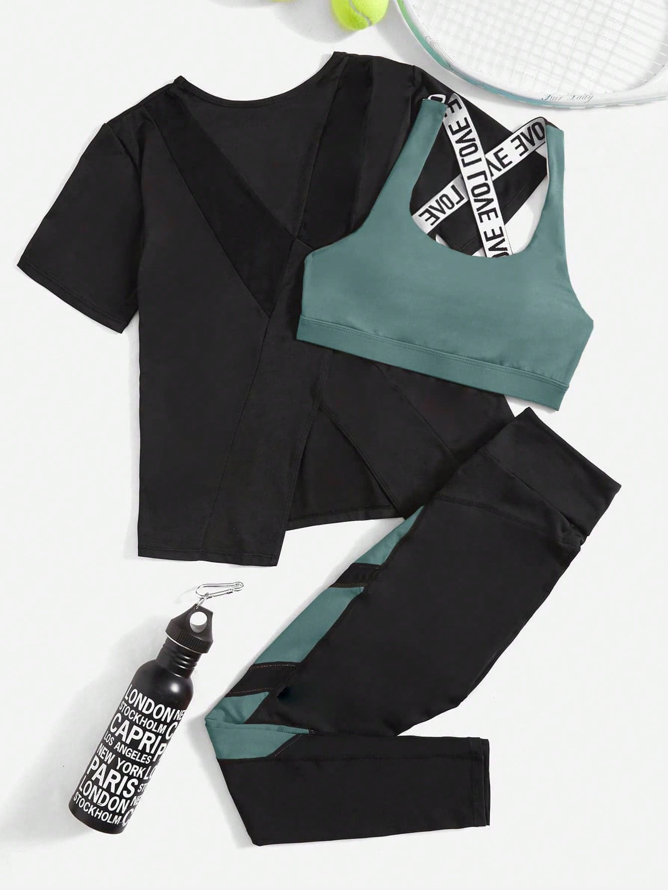 Yoga Future 3pcs Contrast Letter Tape Colorblock Asymmetrical Hem Sports Set