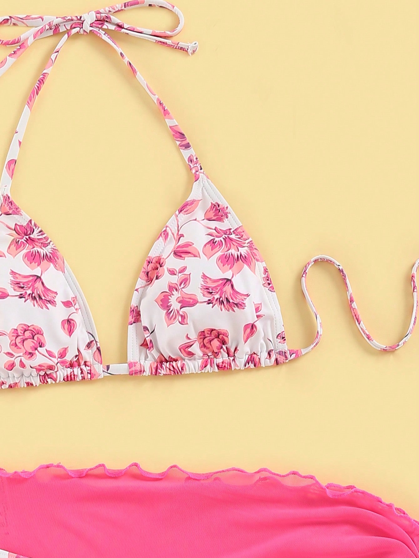 SHEIN Swim Mod Floral Print Halter Triangle Bikini Swimsuit With Beach Skirt