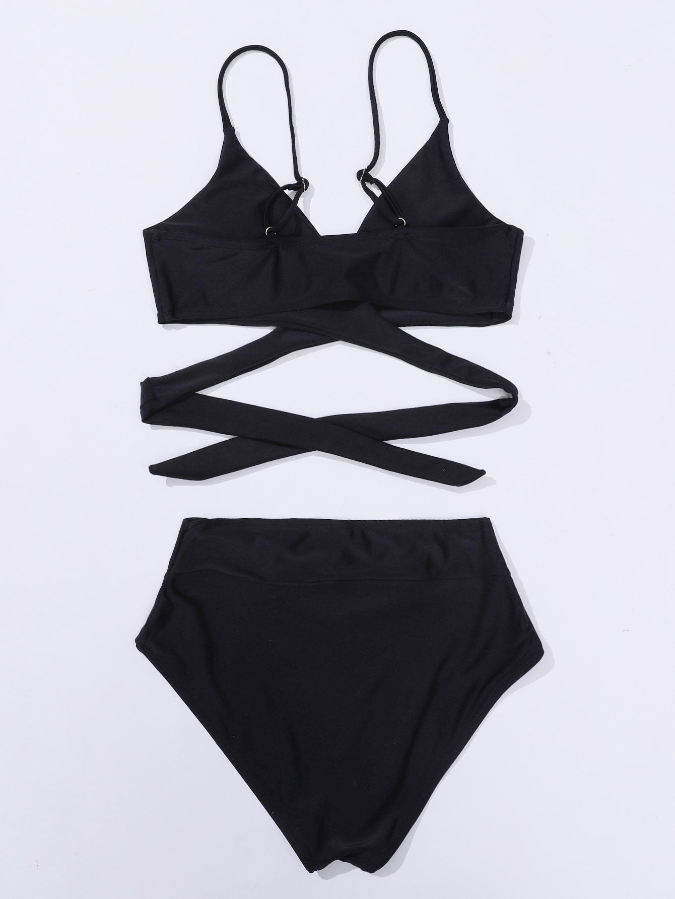 SHEIN Swim Basics Solid Bikini Set Crisscross Tie Back Bra &amp; Overlap High Waisted Bottom 2 Piece Bathing Suit