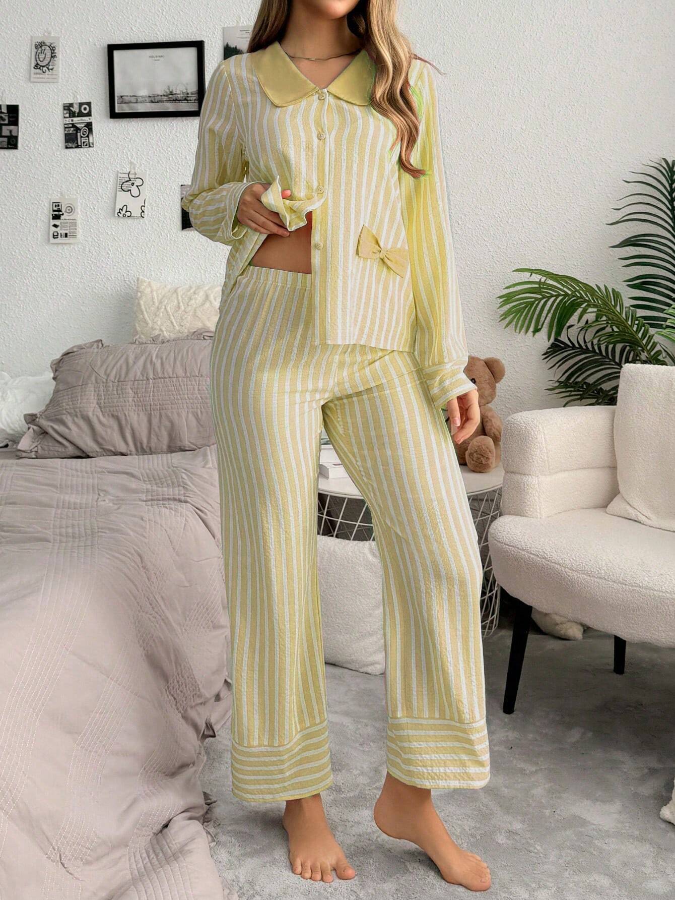 SweetSlumber Contrast Stripe Single Breasted Long Sleeve Top &amp; Pant Women Pajama Set