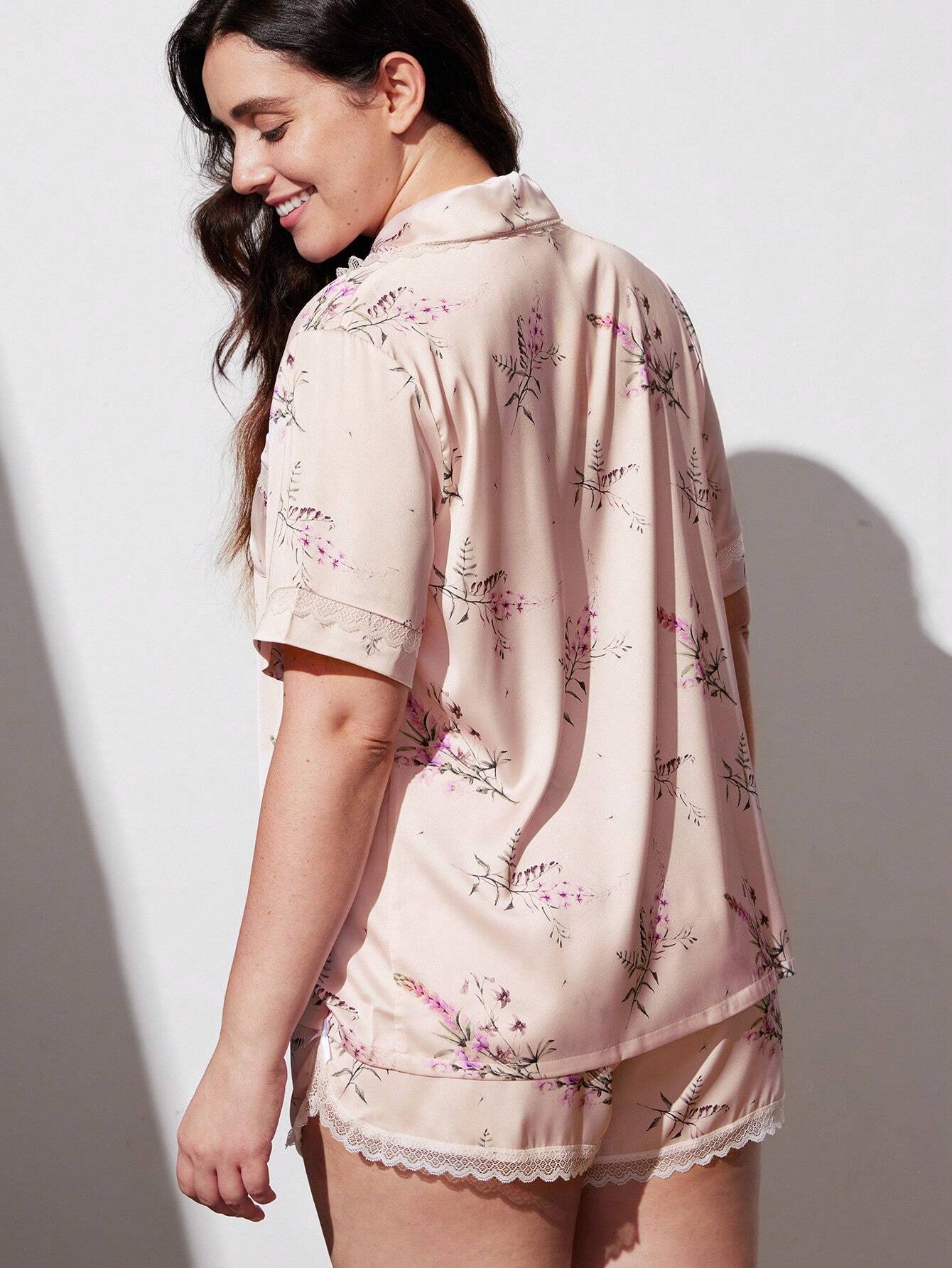 LUVLETTE Floral Satin With Lace Short Women Pajama Set