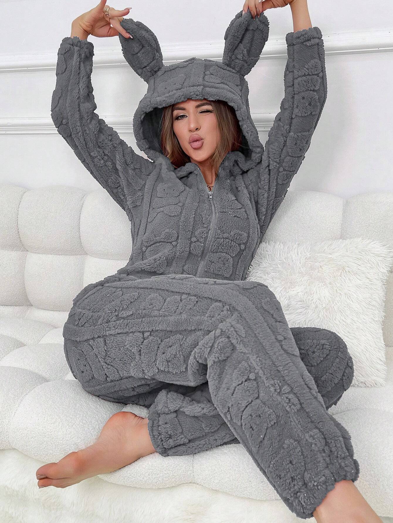 Women's Animal Ear Design Plush Pajama Jumpsuits