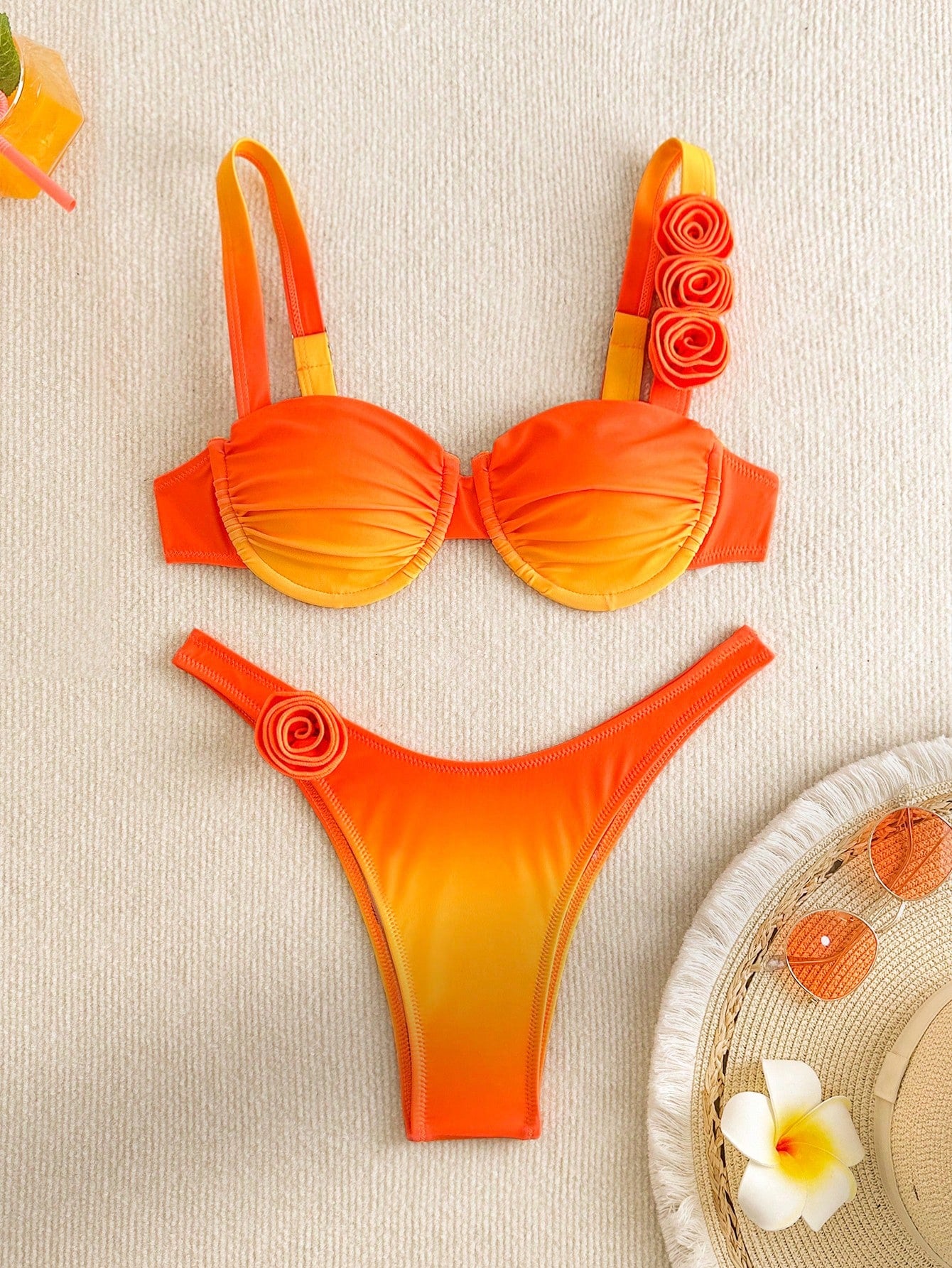 Bikinx Women's Solid Color Underwire Bikini Three-Dimensional Flower Sexy Split Bikini