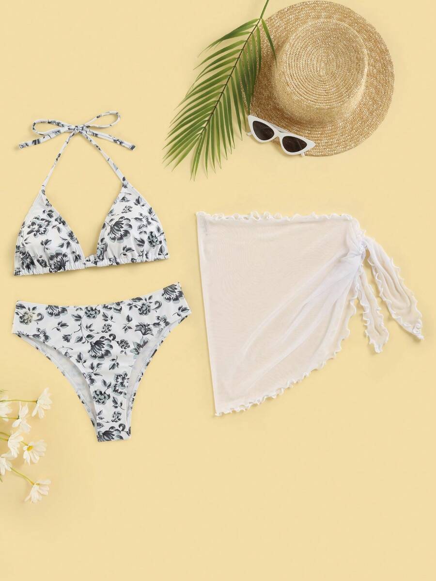 Floral Print Halter Triangle Bikini Swimsuit With Beach Skirt