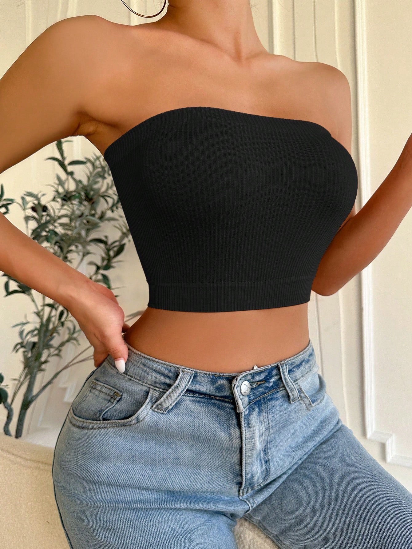 Solid Ribbed Knit Tube Bralette S Black