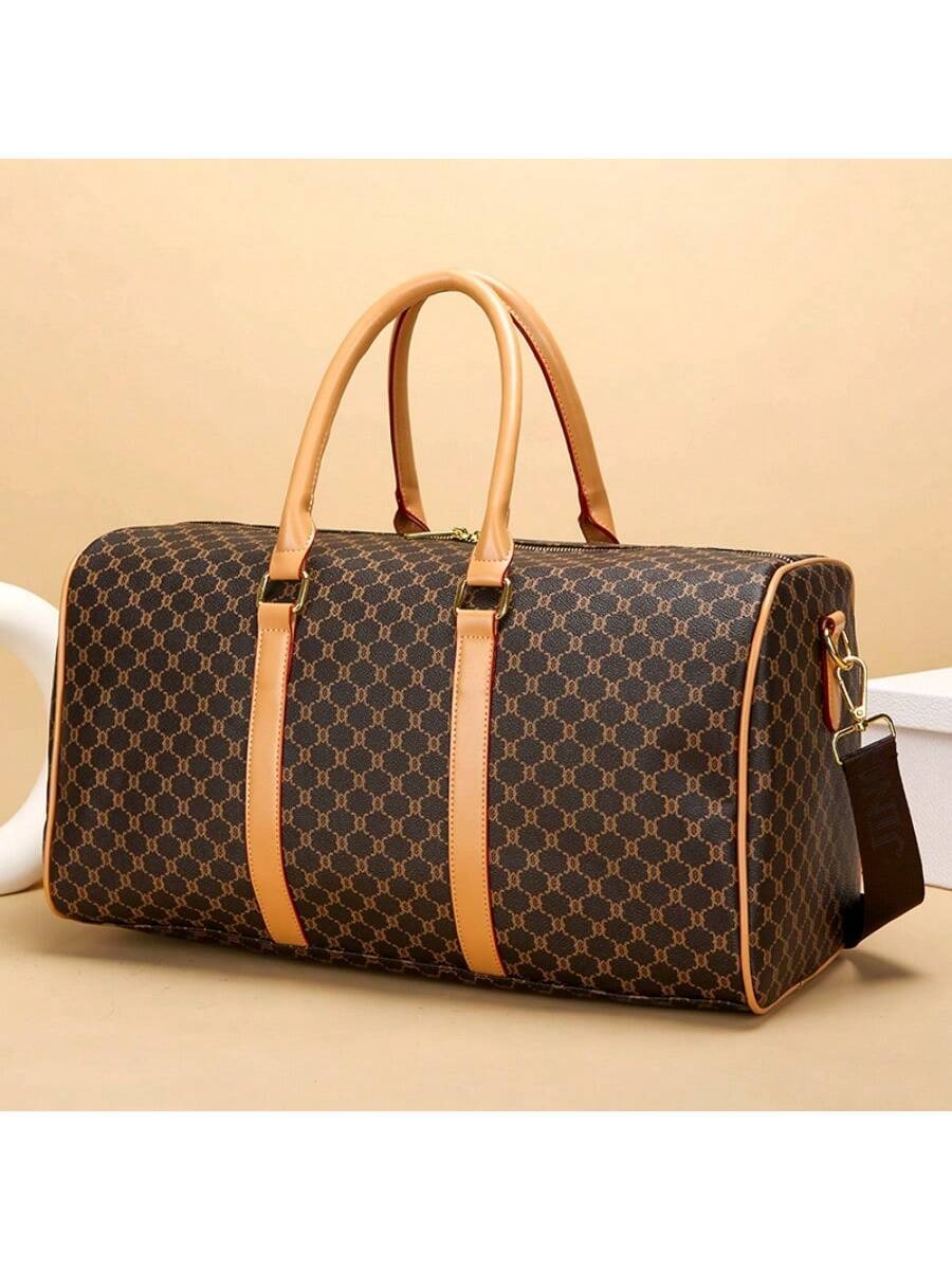 Large Capacity Fashion Printed Luggage Bag, Suitable For Men &amp; Women's Fitness, Travel, Outdoor Sports Storage Bag Coffee Brown