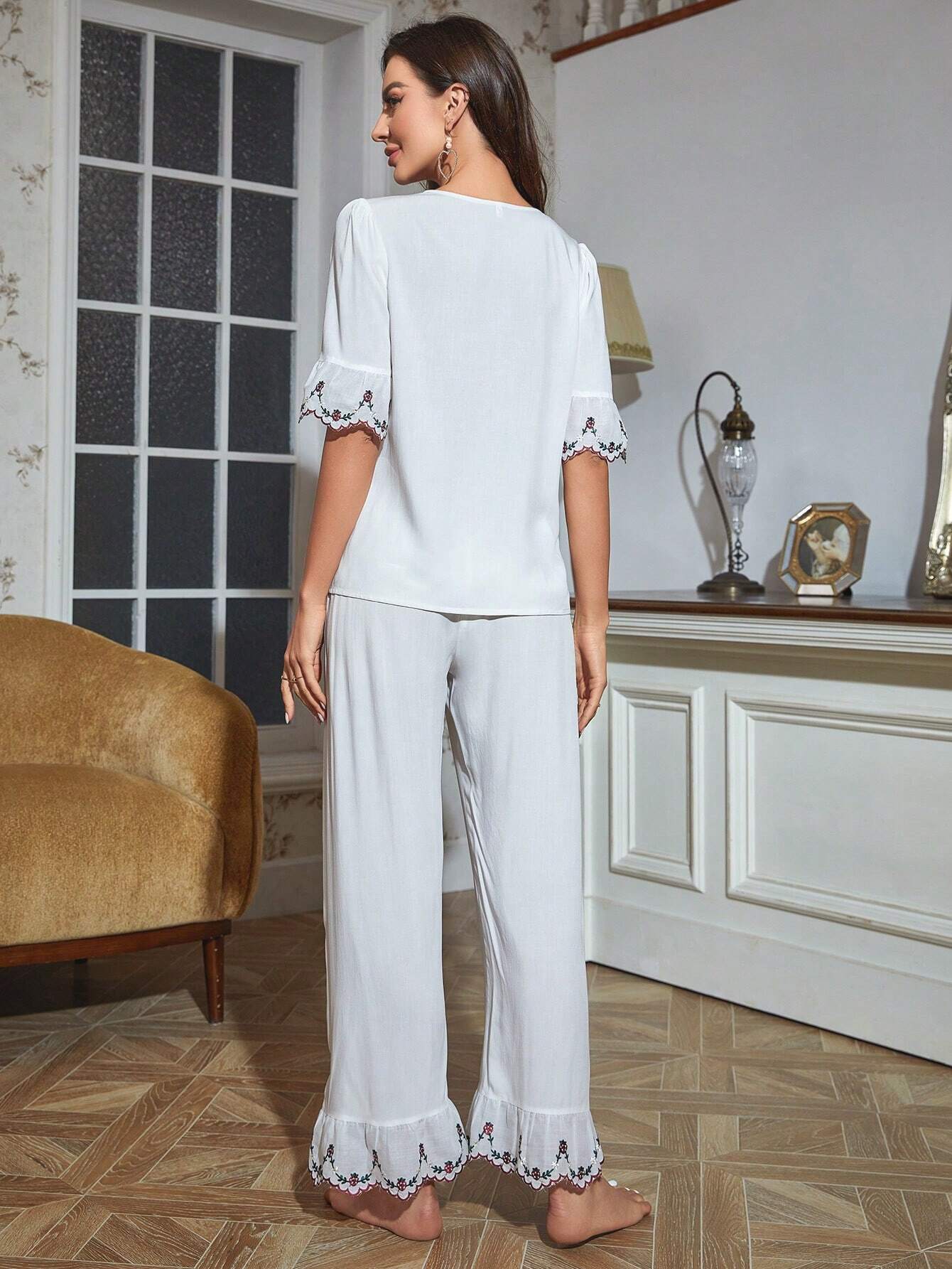 Shein PalaceNights Contrast Floral Embroidery Button Front PJ Set / Pajama Set