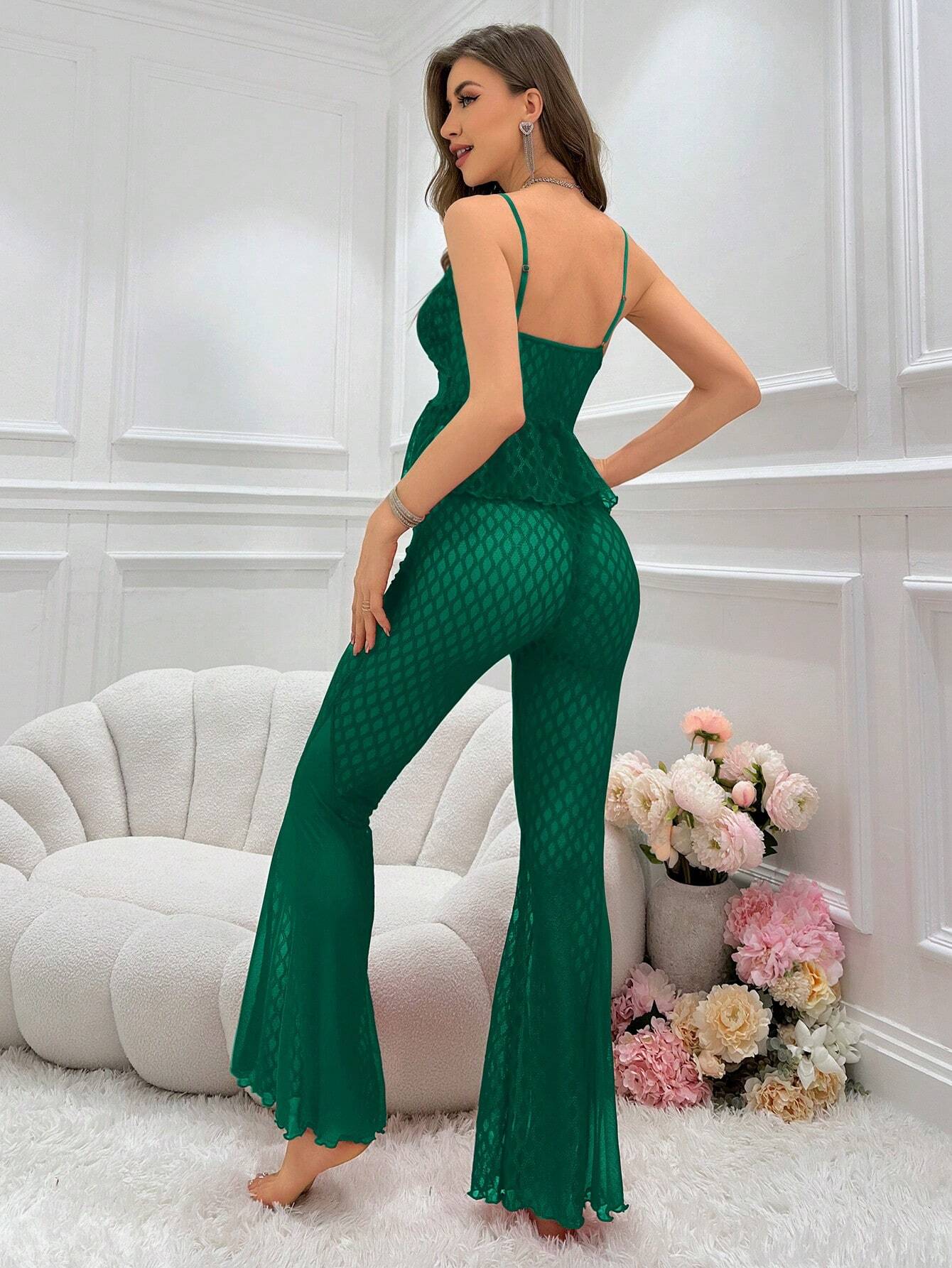 Women'S Sheer Mesh Cami Top And Bell Bottom Pants Pajama Set