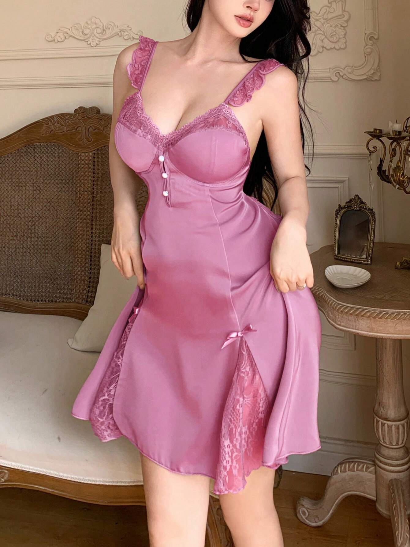 DAZY Women Lace Splice Satin Deep V-Neck Padded Cami Sleep Dress Hot Pink