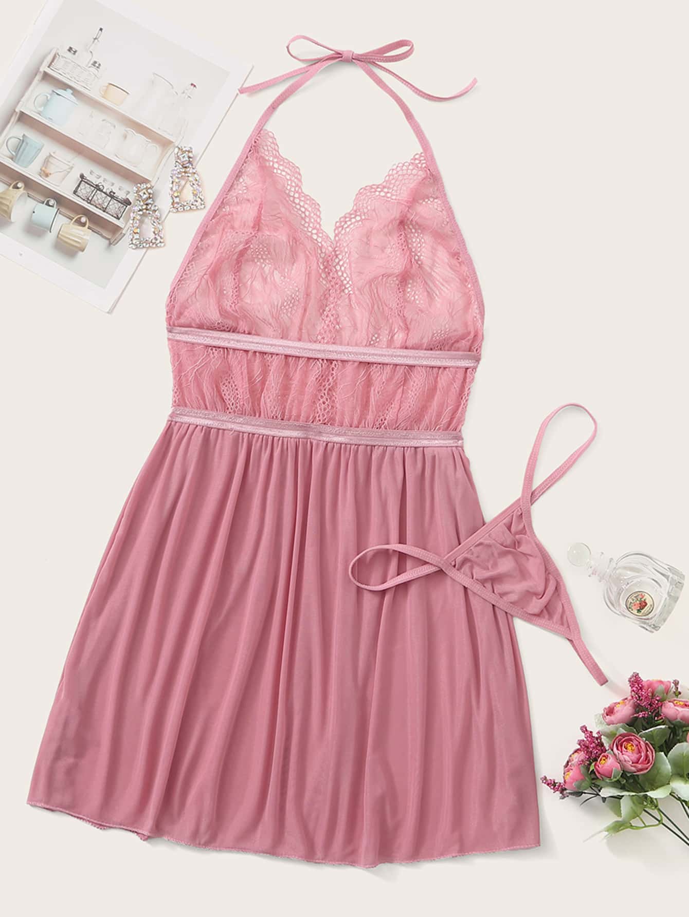 Contrast Lace Mesh Halter Slips With Thong