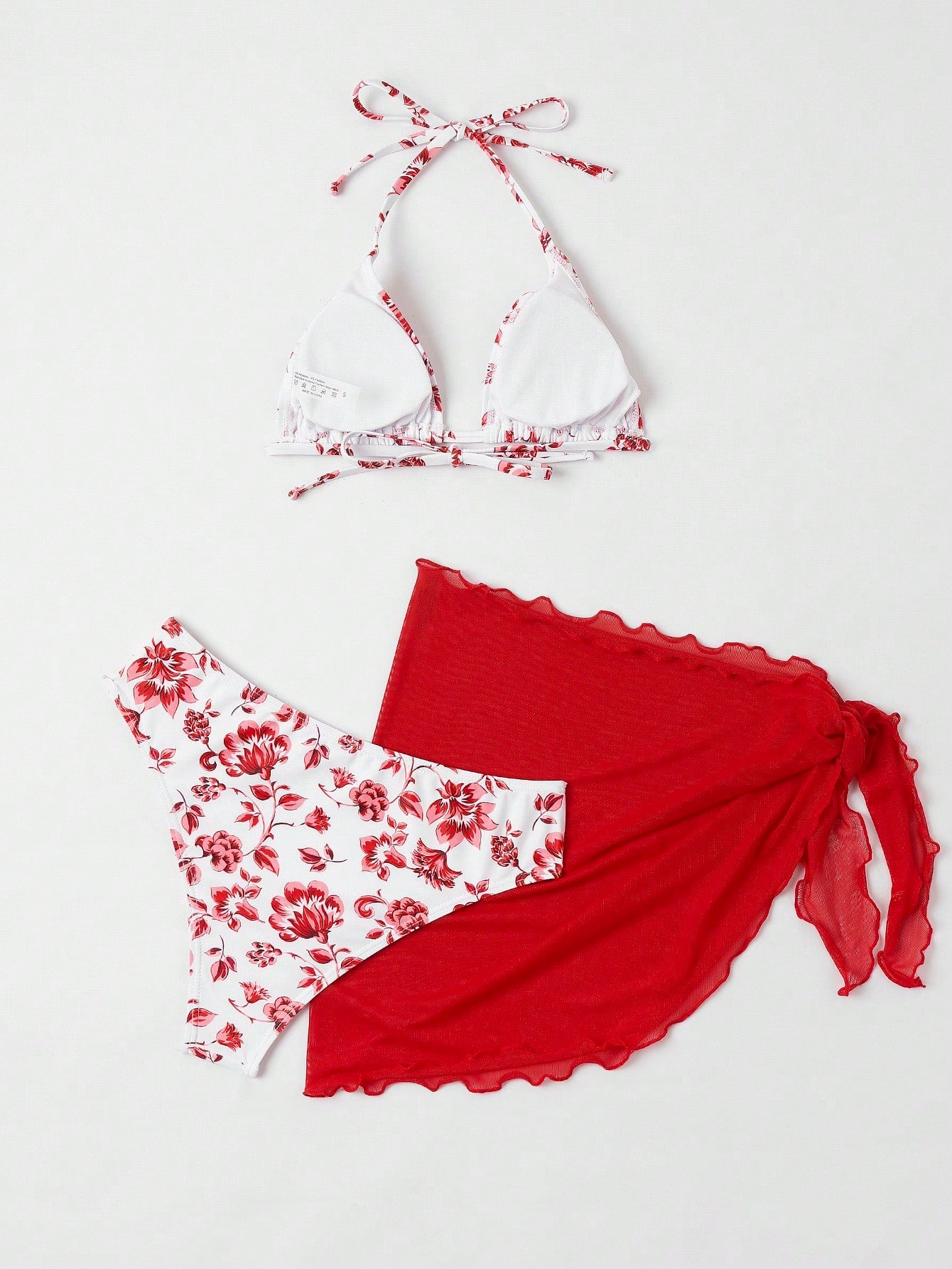 SHEIN Swim Mod Floral Print Halter Triangle Bikini Swimsuit With Beach Skirt