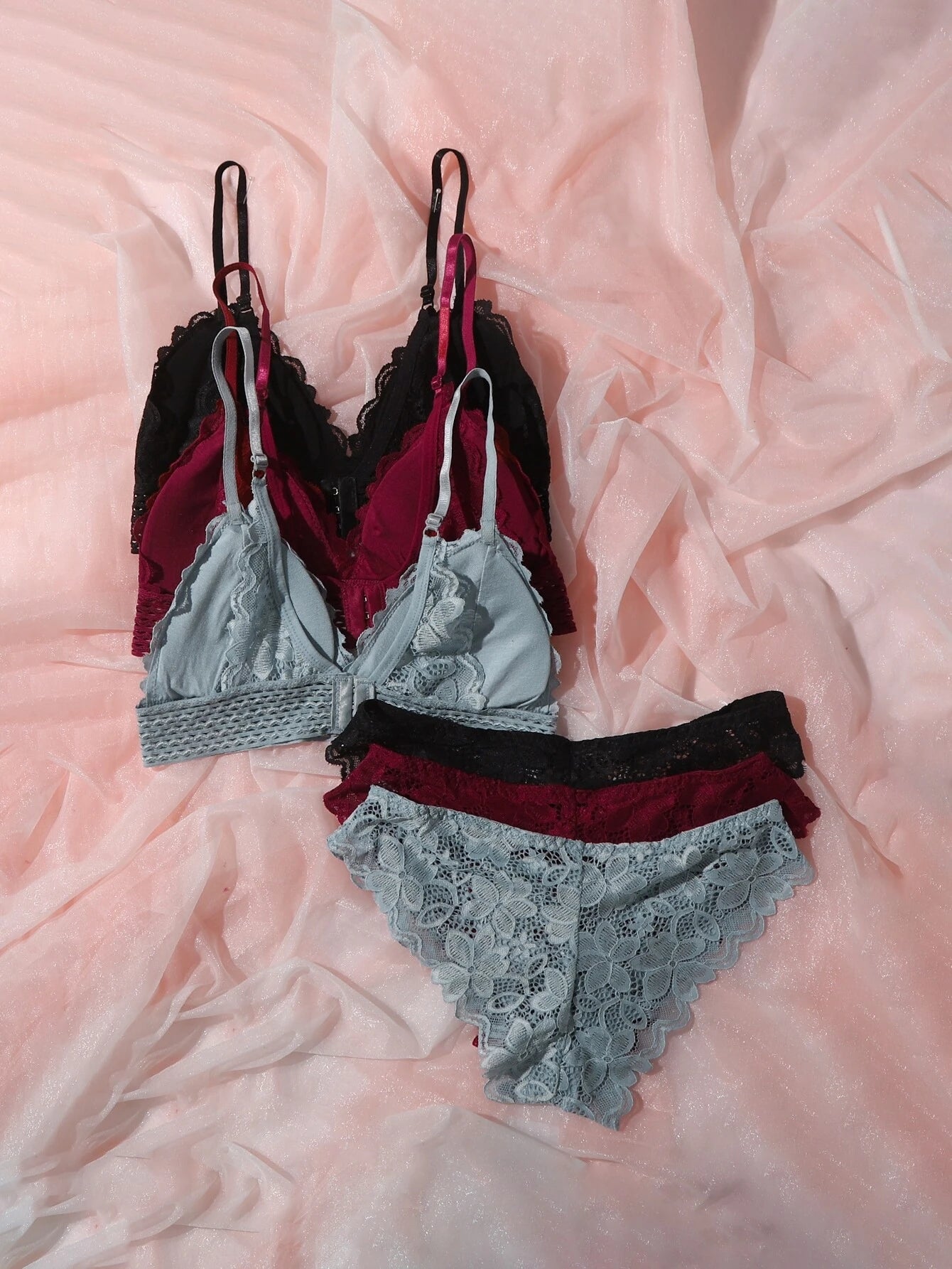 Underwear&amp;Sleepwear Basics 3sets Floral Lace Bra &amp; Panty Lingerie Set