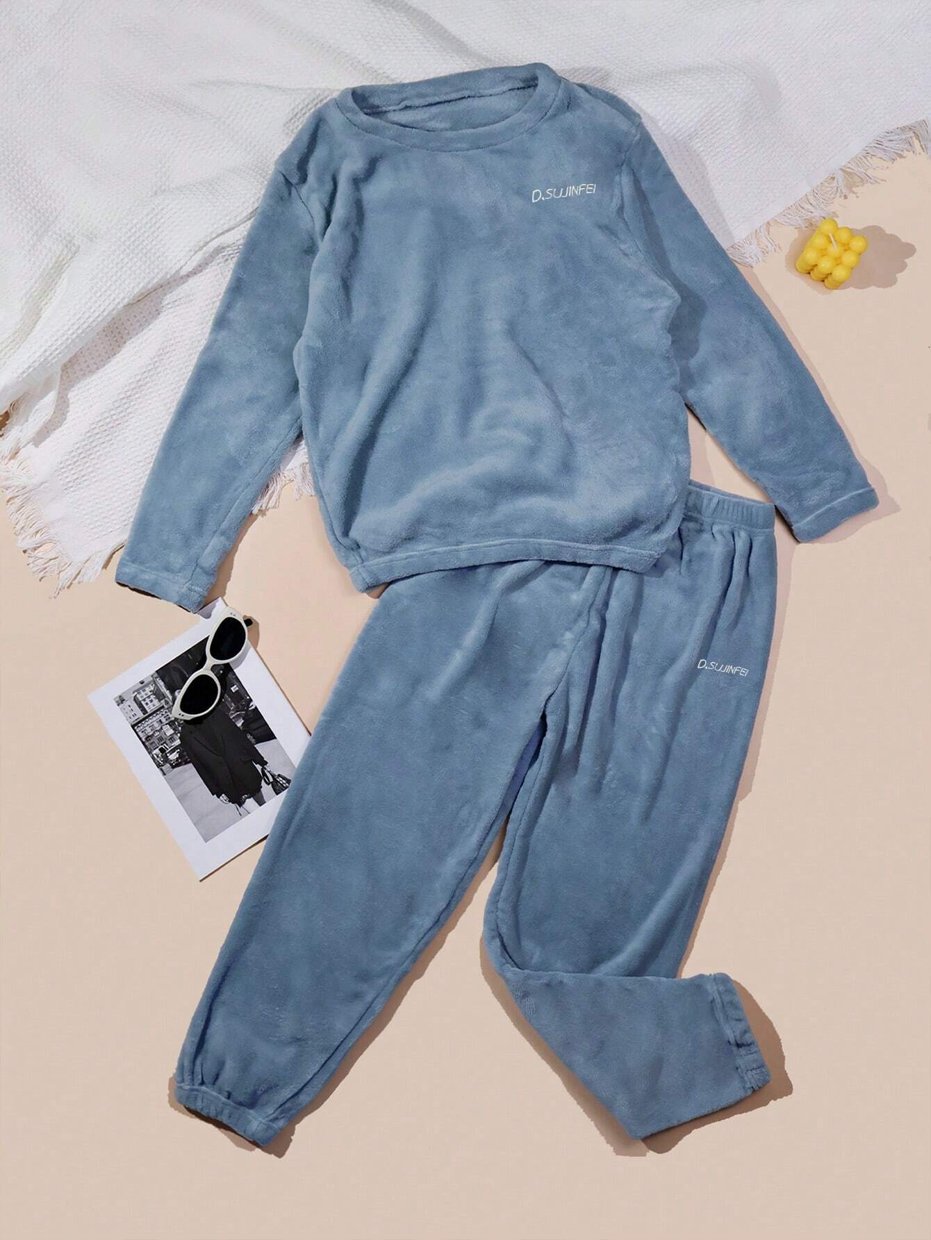 2pcs/Set Women Solid Color &amp; Letter Print Long Sleeve Shirt And Pants Pajama Set