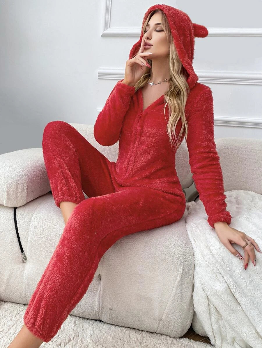 3D Ears Design Hooded Sleep Jumpsuit Red