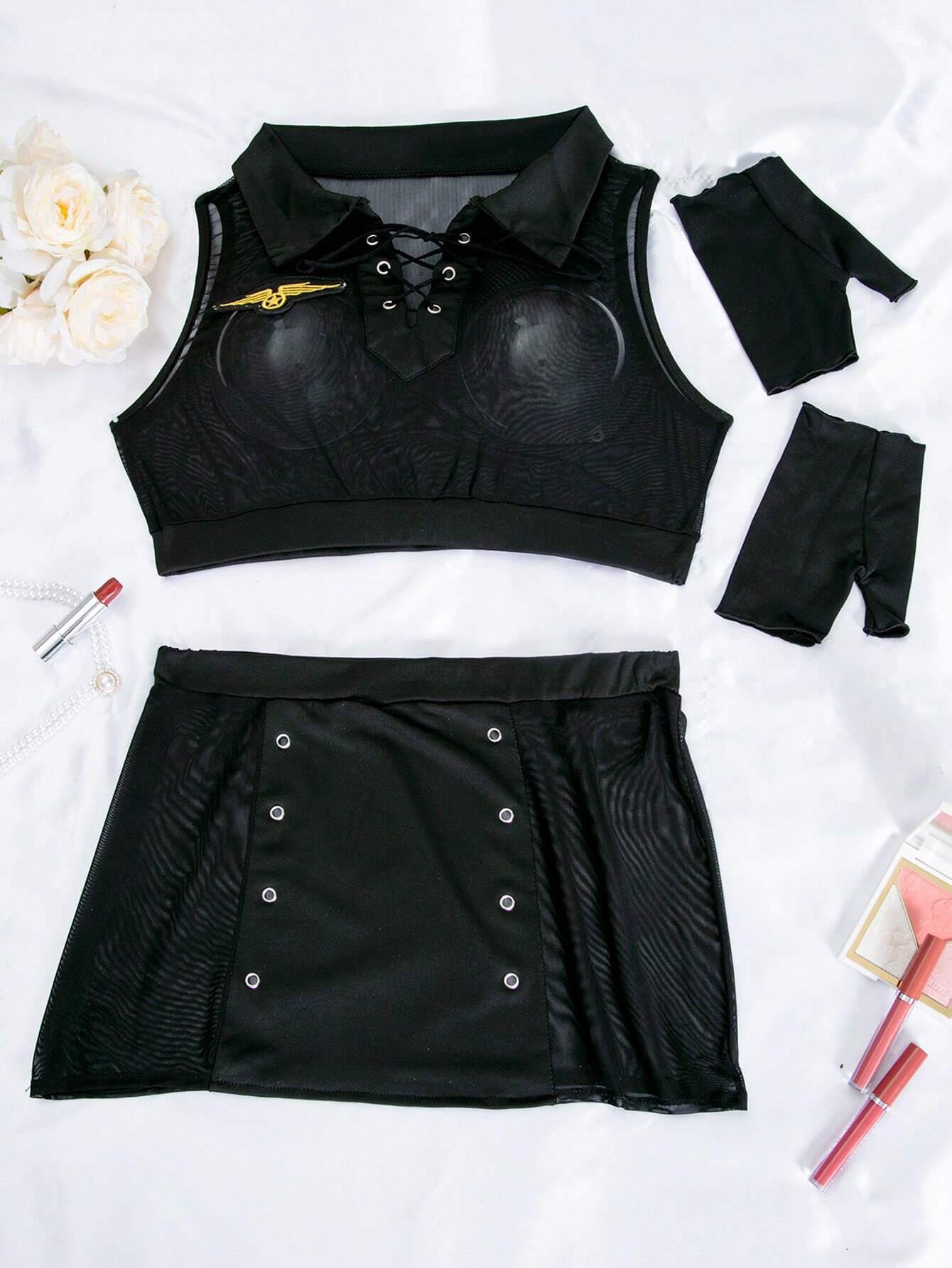 Women Transparent Mesh Sexy Lingerie Costume Pilot Outfit