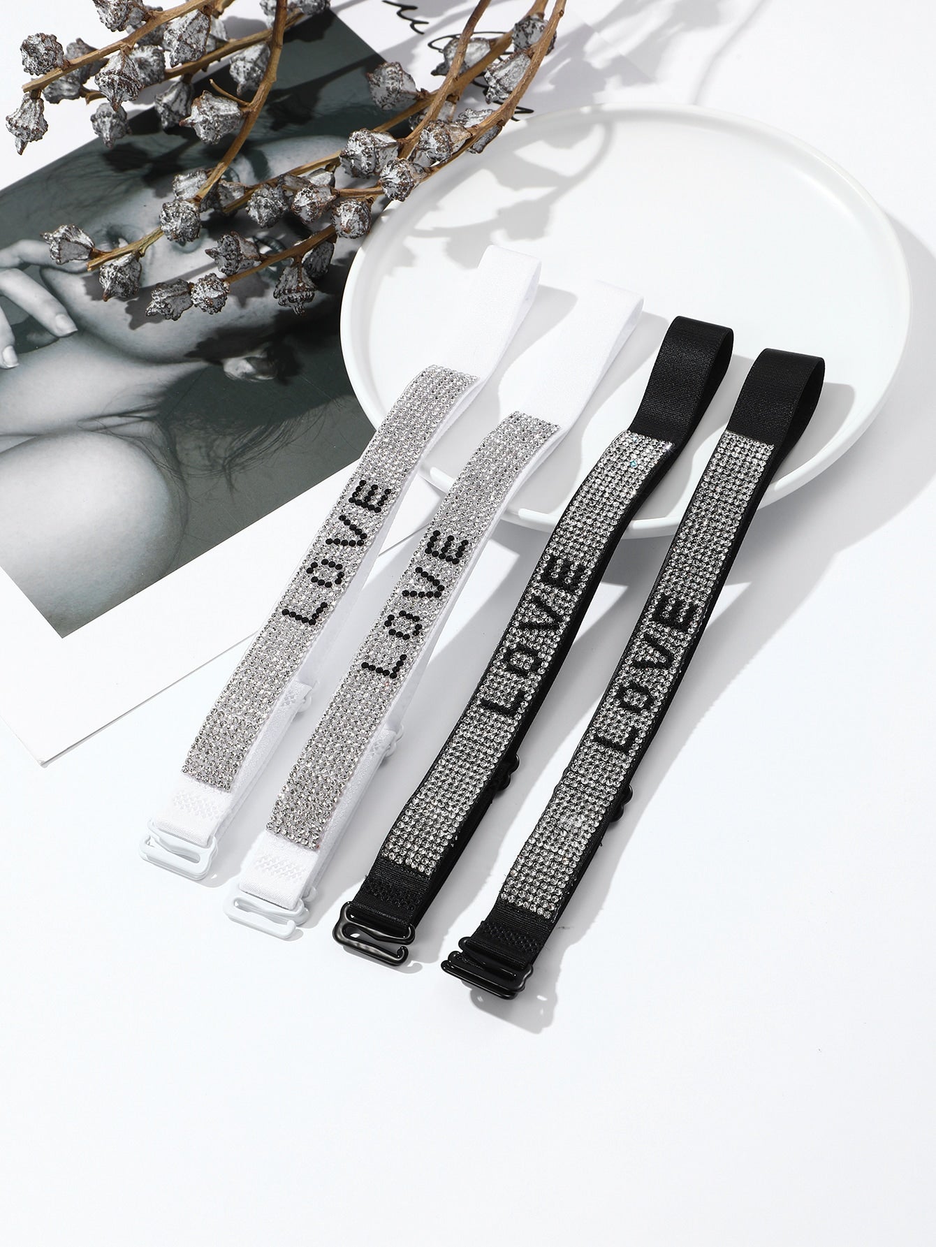 2pairs Rhinestone Letter Bra Strap One size Multicolor