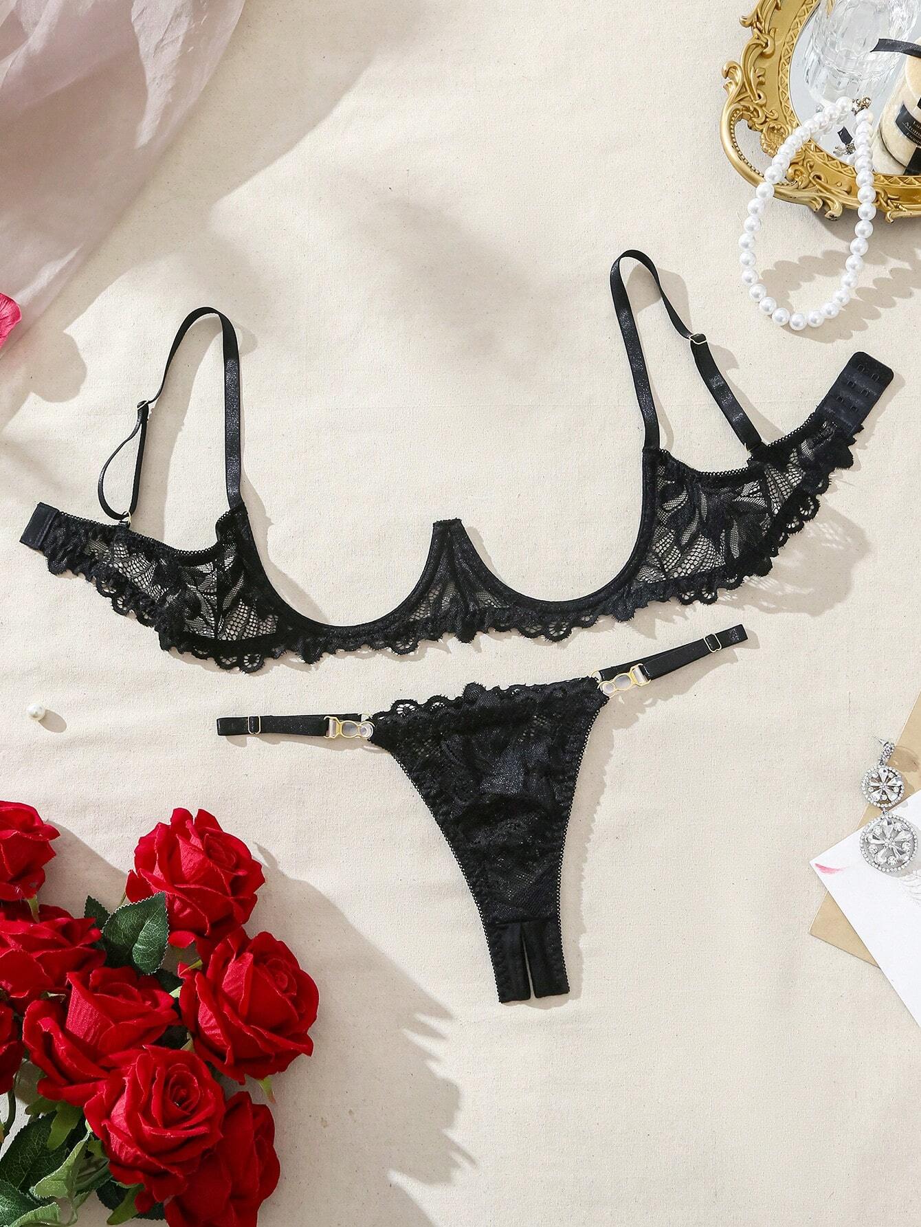 olid Color, See-Through, Underwire Bra And T-Back Sexy 2-Piece Set With Thin Shoulder Straps Black