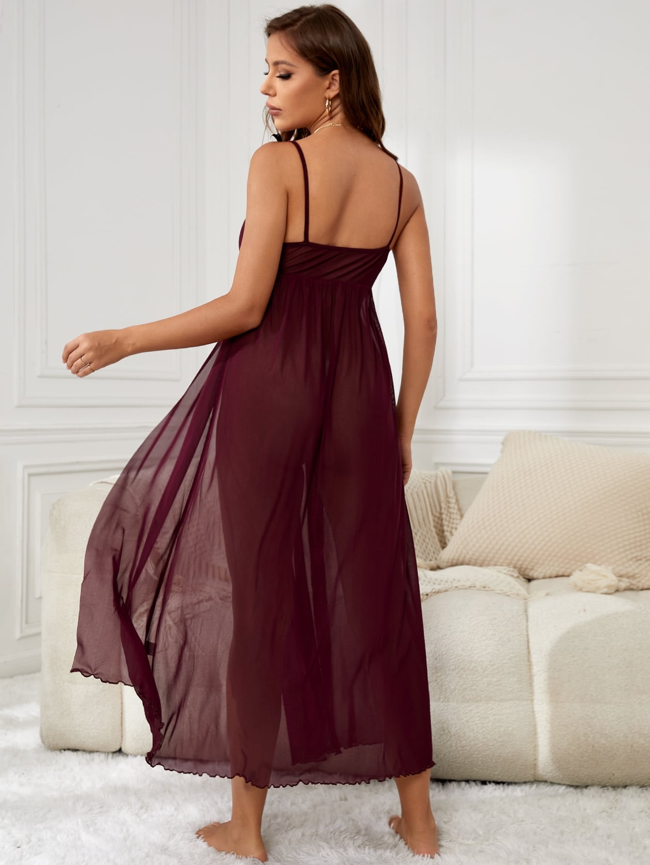 Slit Thigh Tie Shoulder Mesh Cami Nightdress Without Lingerie