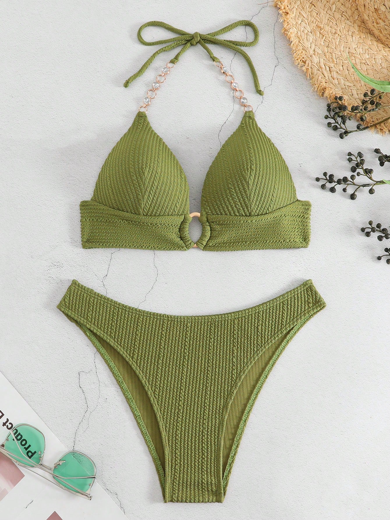 SHEIN Swim SXY Mono Bikini Set Chain Linked Halter Push Up Bra &amp; Bikini 2 Piece Swimsuit