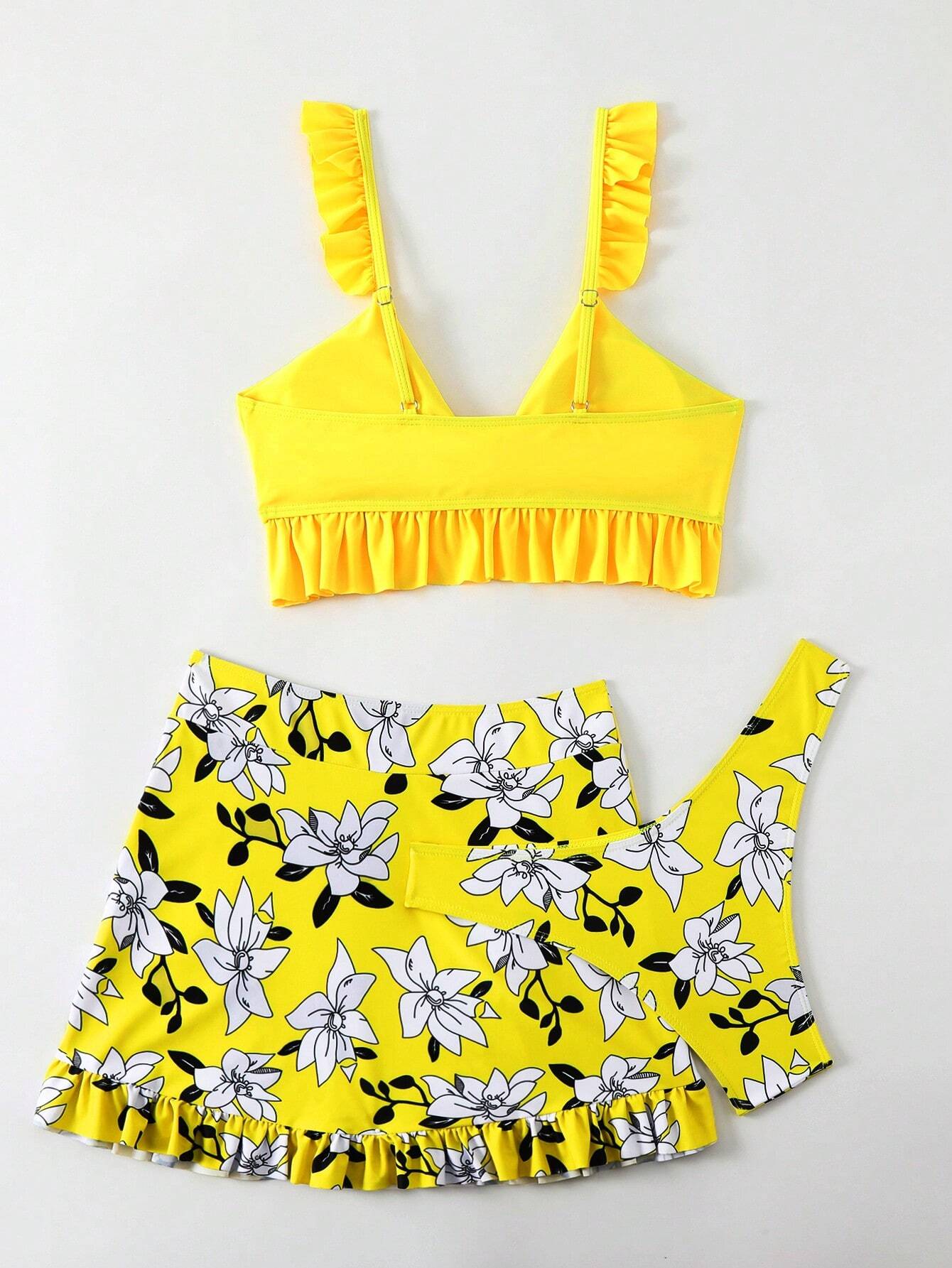 VCAY Summer Beach Floral Print Ruffle Trim Bikini Set With Beach Skirt