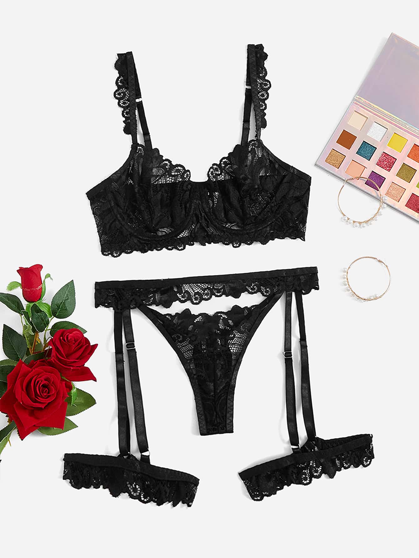 3pack Lace Garter Underwire Lingerie Set