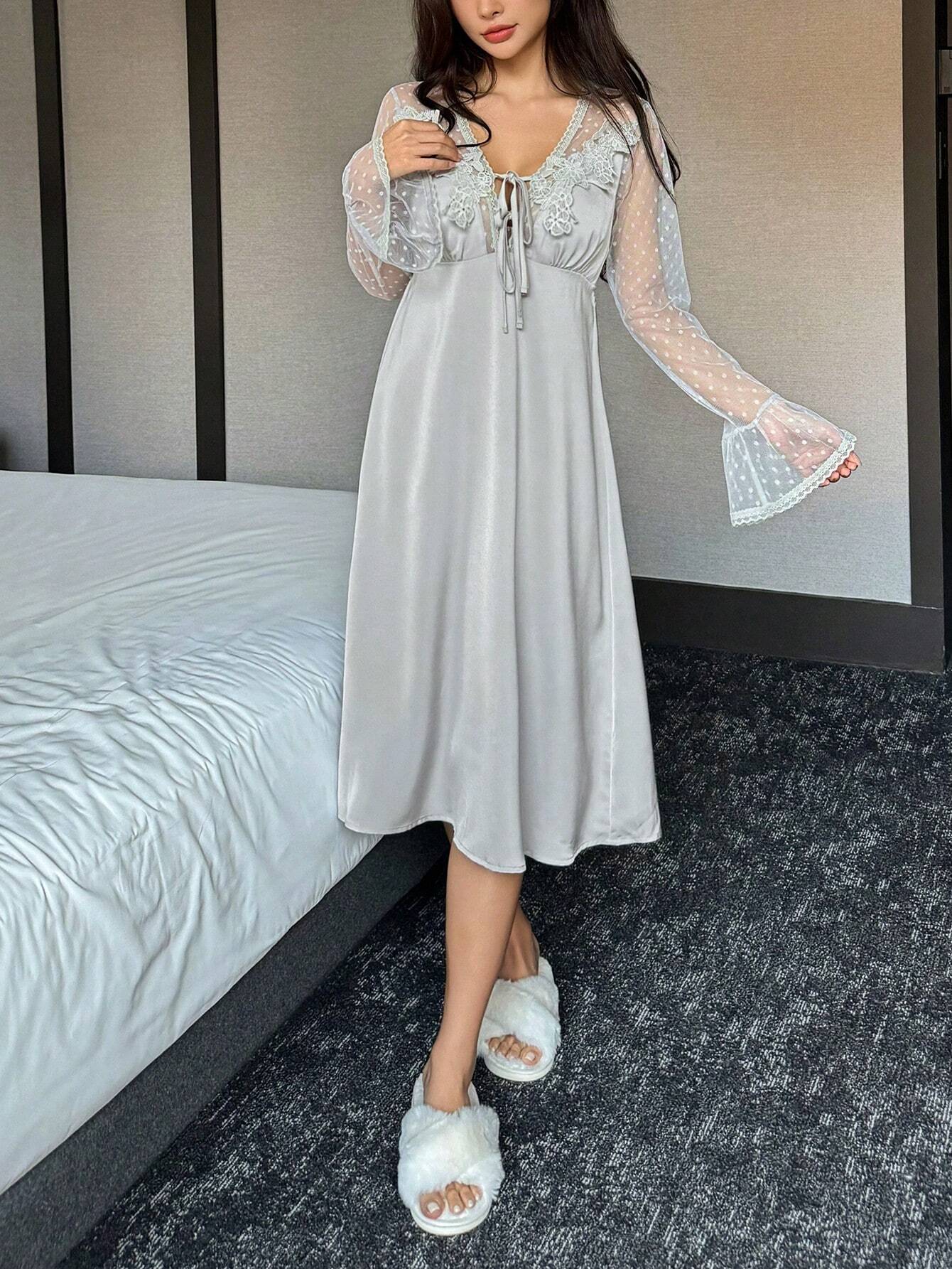 DAZY Satin Contrast Lace Semi-Sheer Ruffle Sleeve Waist Cinched Nightgown