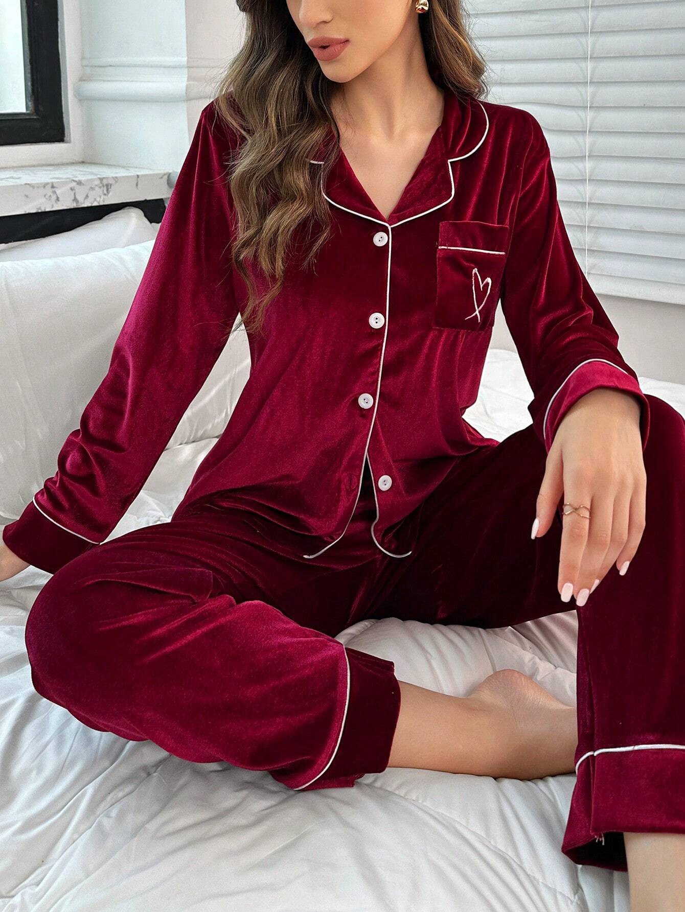 Contrast Color Trim Pocket Long Sleeve &amp; Pants Velvet Pajama Set