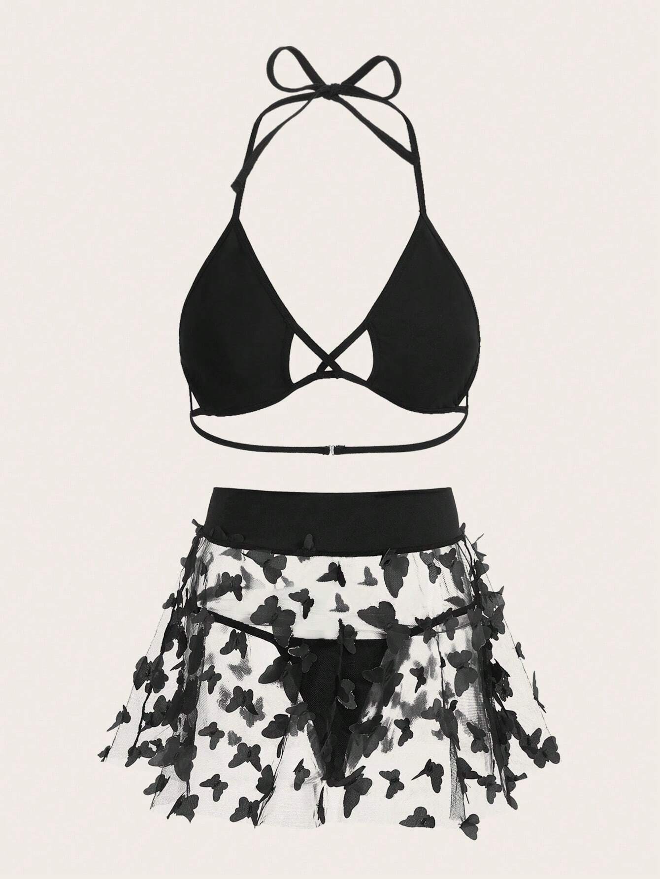 ROMWE Goth Butterfly Appliques Mesh Lingerie Set