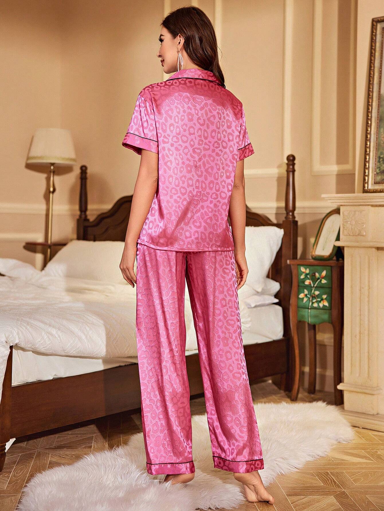 Color Block Leopard Print Jacquard Satin Pyjama Set With Rolled Hem