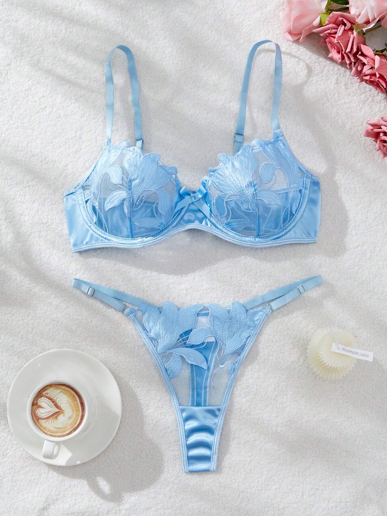 Women's Embroidered Mesh Contrast Sexy Lingerie Set Baby Blue