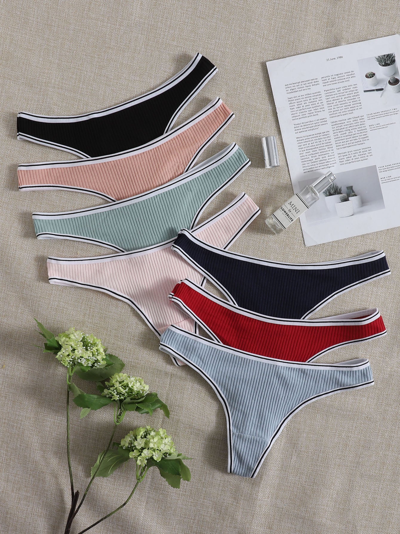 7pack Contrast Binding Ribbed Knit Thong