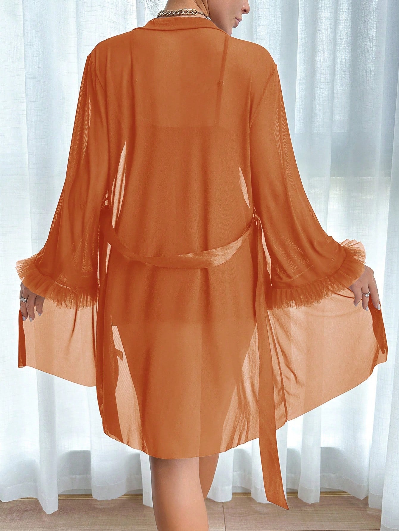 2pcs Set: Fishbone Style Cinch Waist Lace Cami Nightgown &amp; Wide Sleeve Mesh Robe