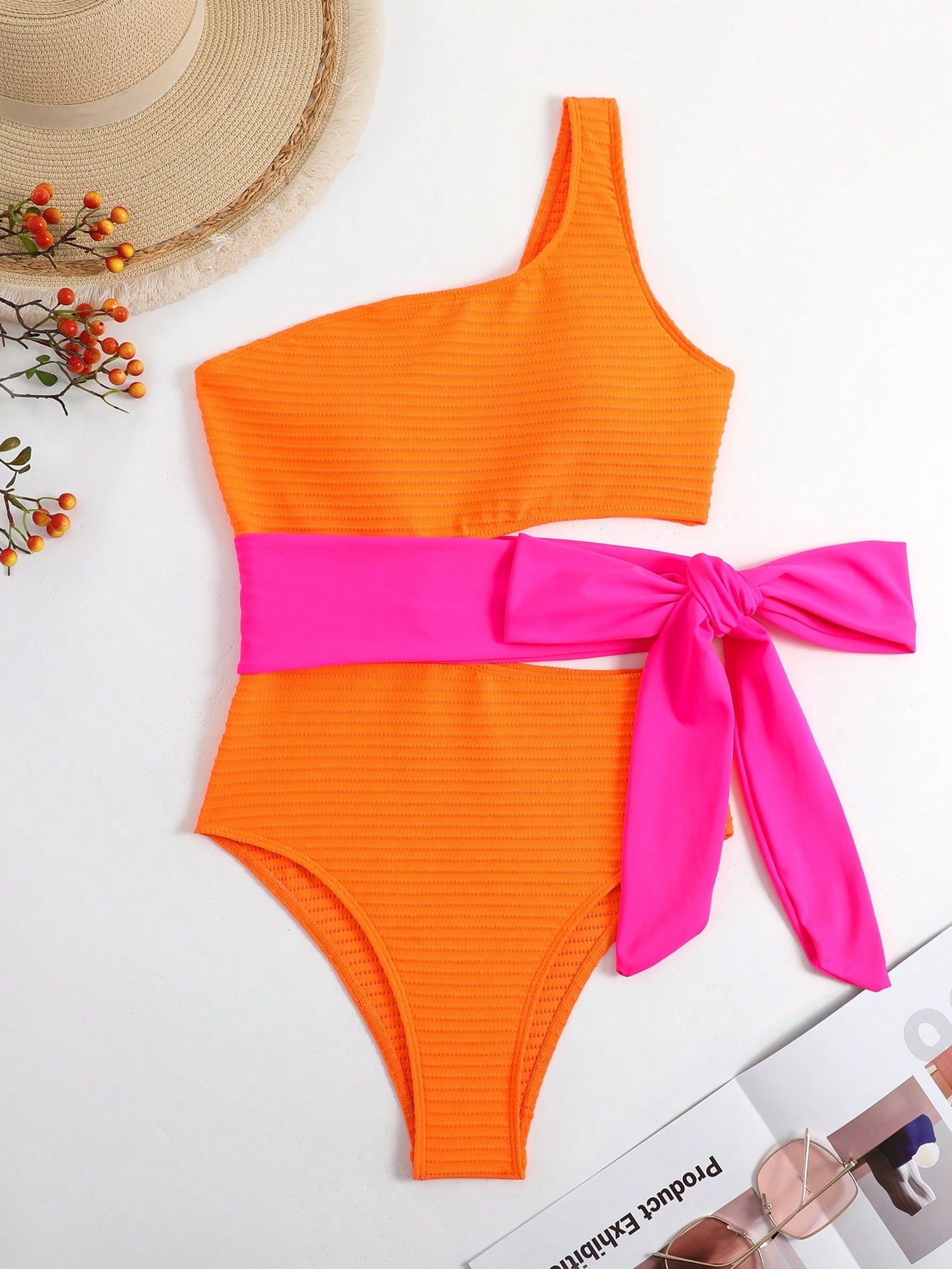 SHEIN Swim Chicsea Color Block Cut Out Knot One Shoulder One Piece Swimsuit