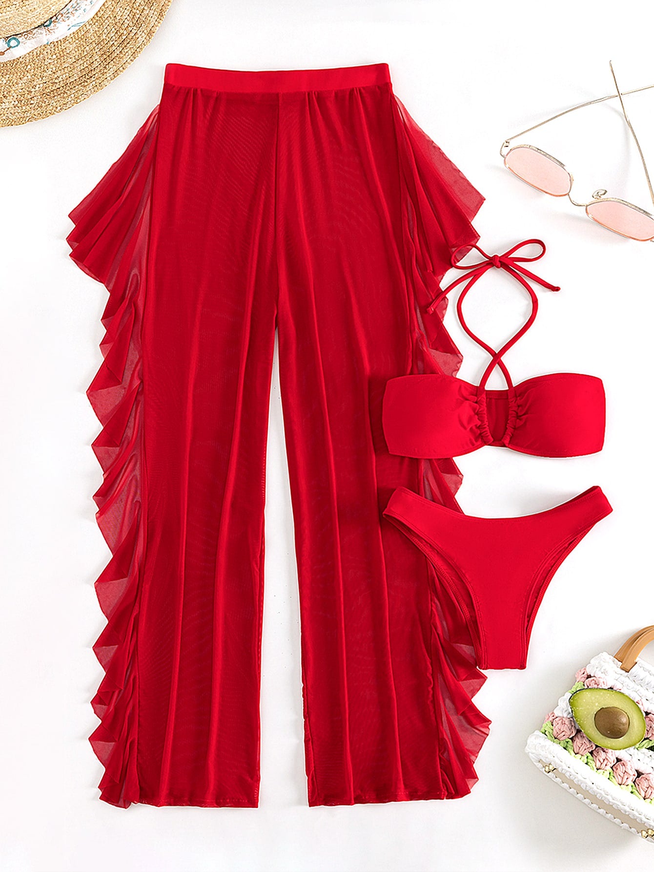 SHEIN Swim SXY Mono Bikini Set Crisscross Halter Wireless Bra Top &amp; High Cut Bikini Bottom &amp; Mesh Cover Up Pants 3 Piece Swimsuit