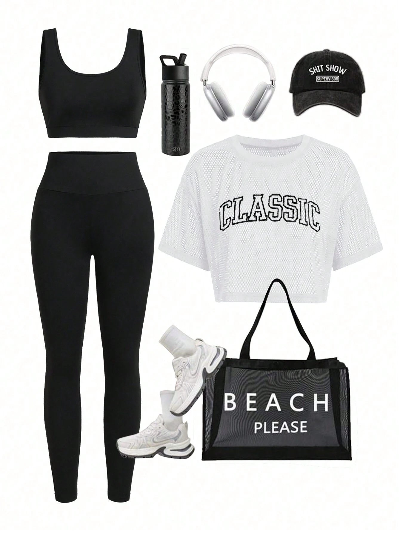 Sport Studio Mesh Printed Vest + Black Basic Slim-Fit Tank Top + &amp; Leggings