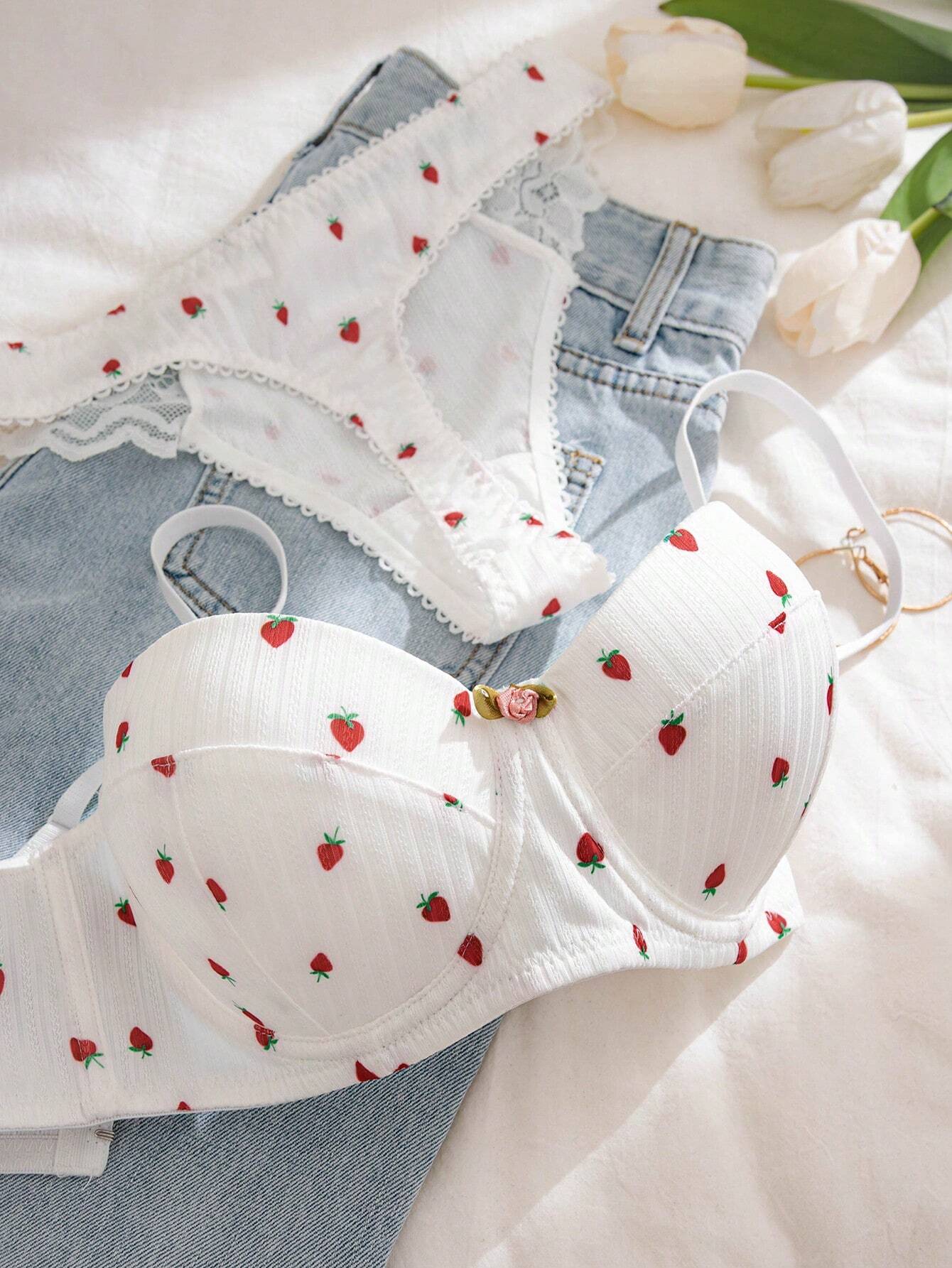 Floral Print Lettuce Trim Underwire Bra &amp; Panty Lingerie Set