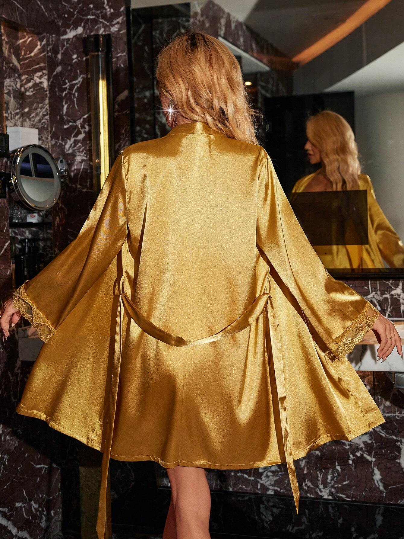 Lace Trimmed Cami Slip Dress And Robe Pajama Set