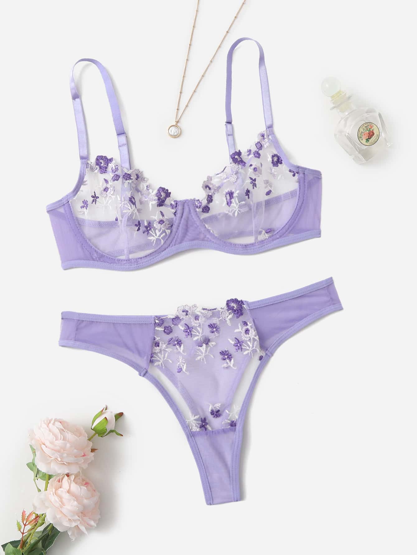 Floral Embroidery Mesh Underwire Lingerie Set