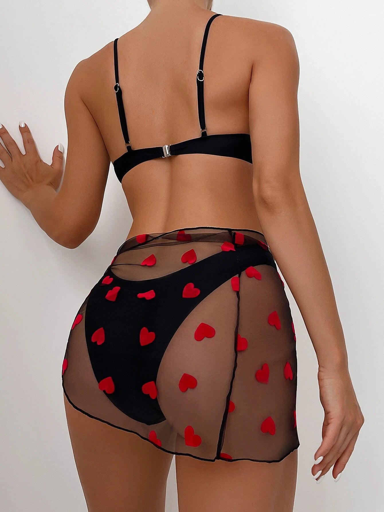 Swim Summer Beach Heart Print Underwire Bikini Set With Beach Skirt