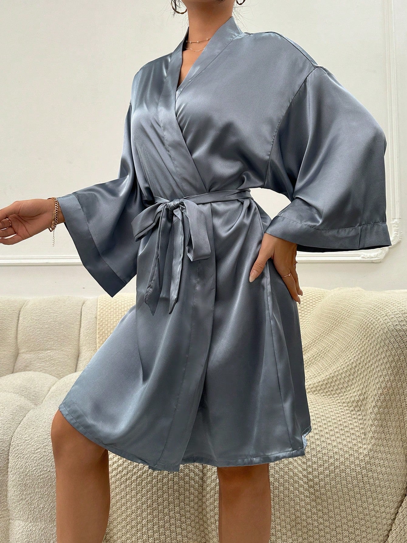Lip Print Belted Satin Robe