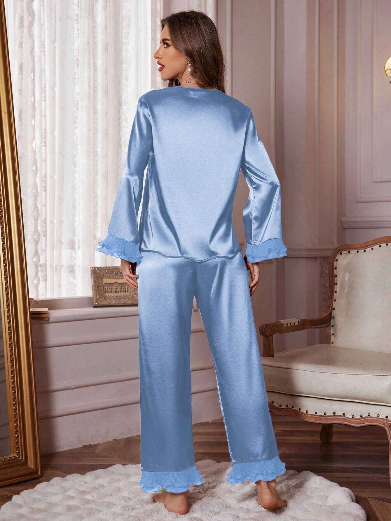 Women's Ruffle Trimmed Romantic Satin Pajama Set