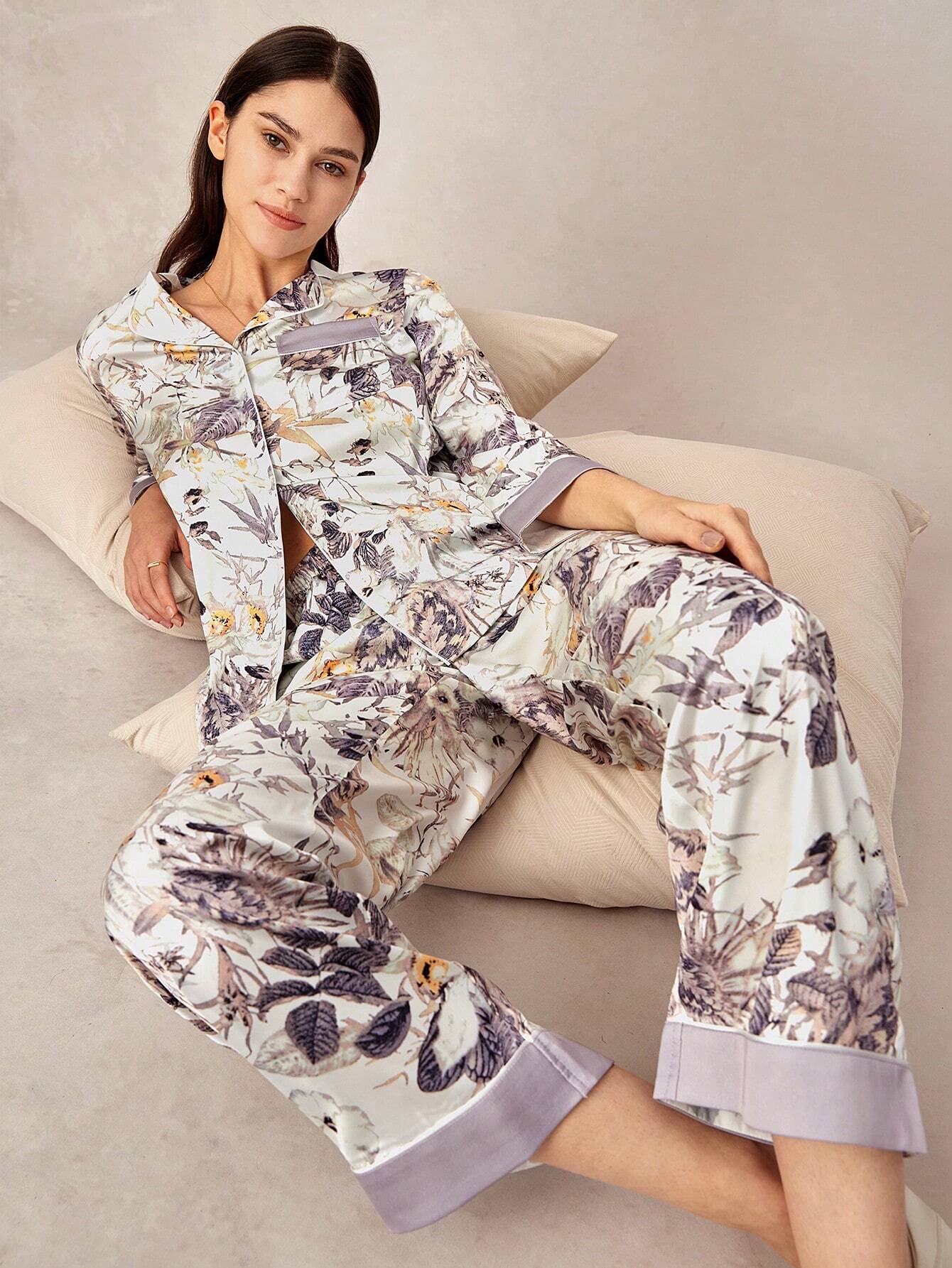 LUVLETTE Chinese Ink Painting Flora Print Satin Long Women Pajama Sets