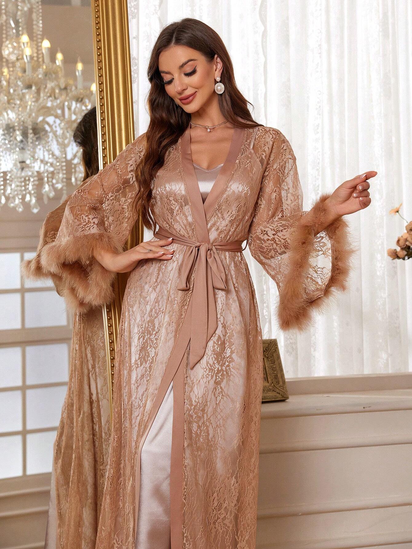 Women 3pcs Lace Contrast Hollow Robe, Satin Nightgown, And Shorts Sleepwear Set